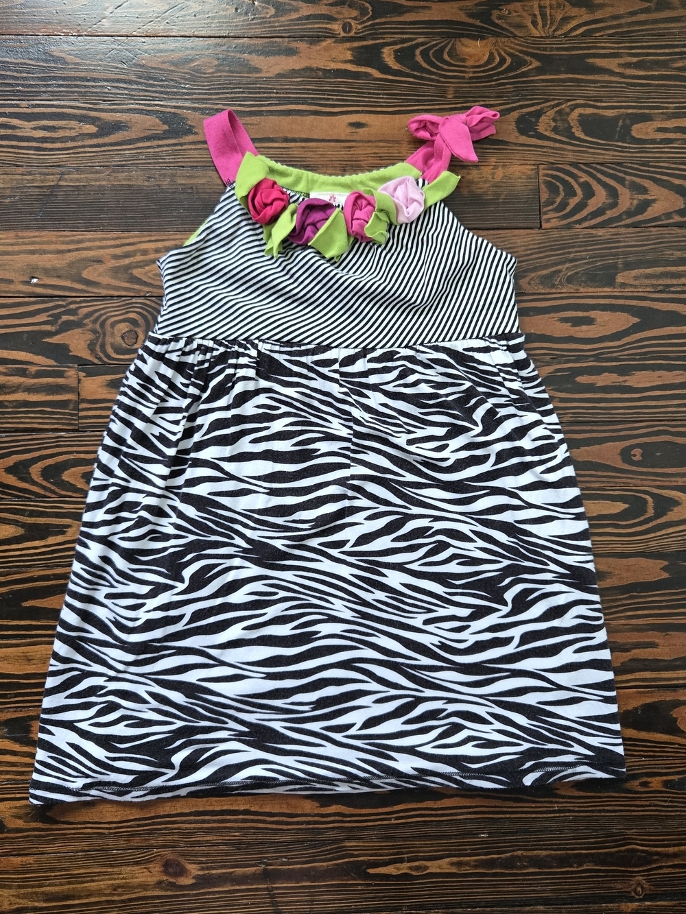me & ko Girls Size 6 Zebra Stripe Mixed Print 3D Flower Rosette Dress Tie Bow